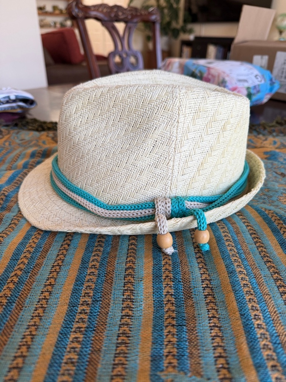 Peter Grimm Fedora Cream Straw Fedora with Teal Rope Band